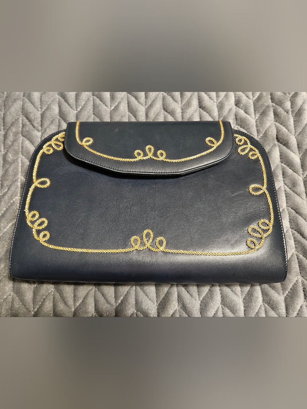 D'Rossana By Charna Navy Leather Clutch with Gold Rope Embroidery
